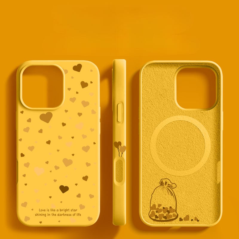 Three views of the iPhone 16 Pro Max Case - Soft Liquid Silicone Protective Cover with a minimalist design featuring small hearts and a bag of hearts in yellow. Made from food-grade silicone, this dust-resistant, shockproof case bears the text, "Love is like a bright star shining in the darkness of life.