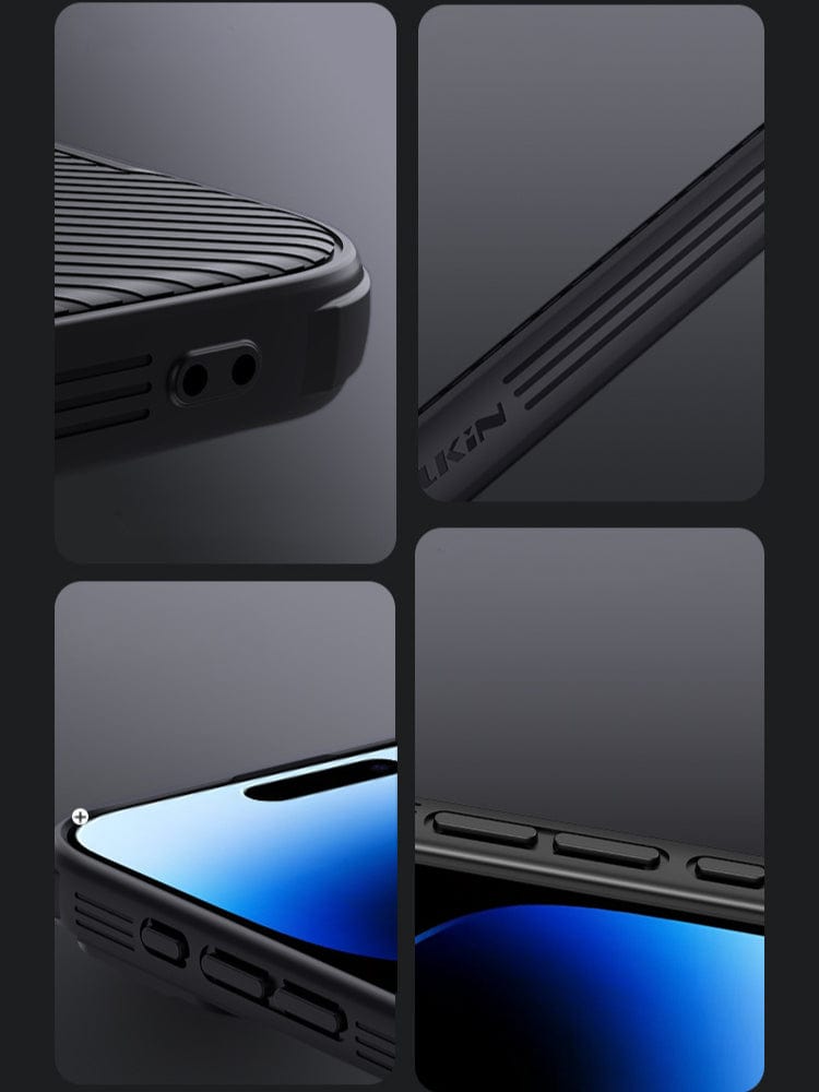 Close-up images of an iPhone 16 Pro Max Camera Slider Case in black, showcasing various angles including the texture, button cutouts, and ports. A smartphone with a blue screen is partially inserted into the case. The case features dual-layer protection for added durability.