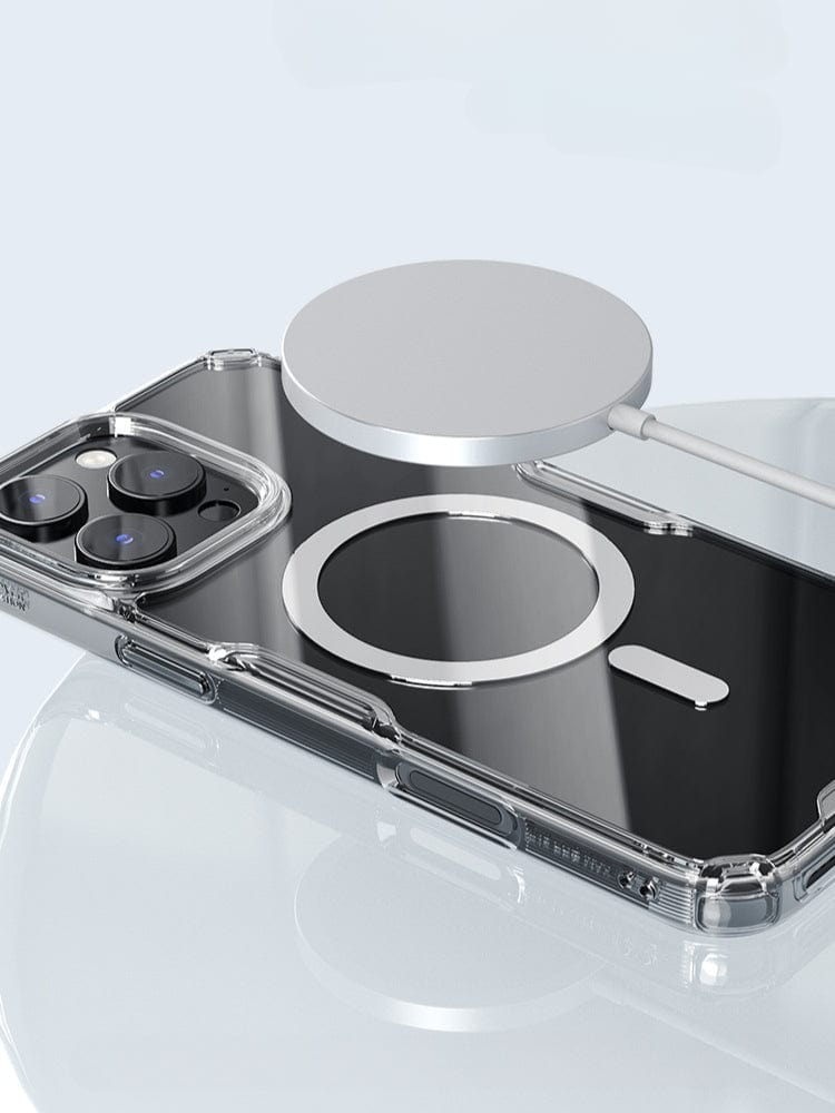 A Clear Magnetic iPhone 16 Pro Max Case is shown on the iPhone 16 Pro Max, featuring a magnetic wireless charger attached to its back and offering excellent shockproof protection with its crystal-clear design.