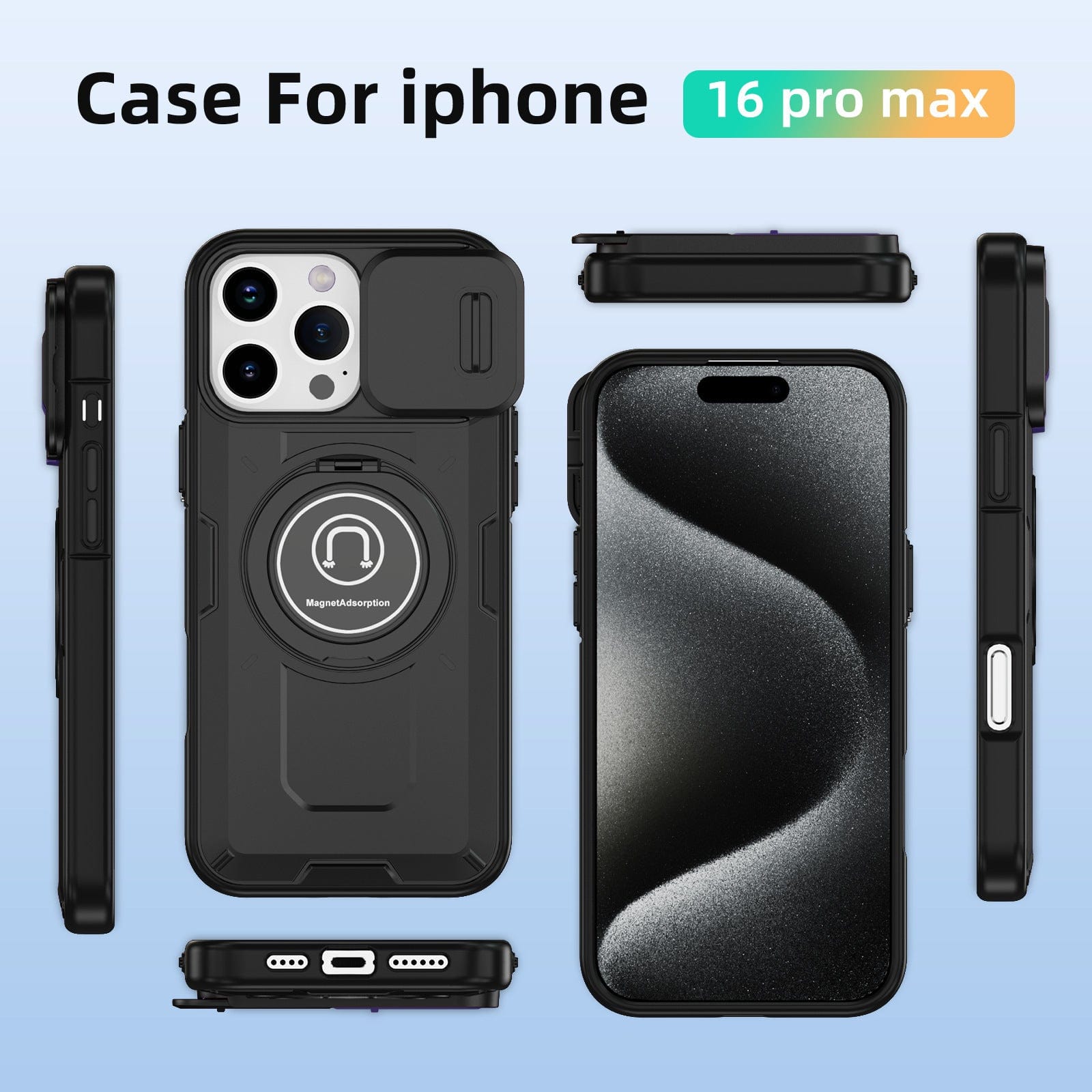 A black iPhone 16 Pro Max Rugged Magnetic Case is shown from multiple angles, including front, back, sides, top, and bottom. The case offers ultimate drop protection with a built-in kickstand and features a sliding camera cover for added security.