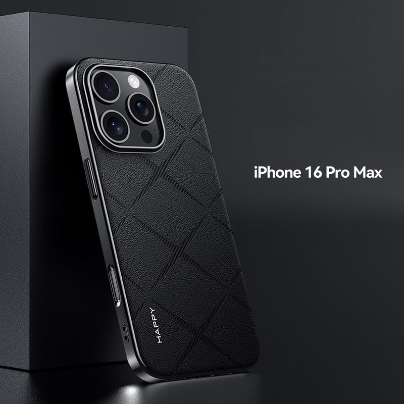 A black iPhone 16 Pro Max with a textured back cover and an iPhone 16 Pro Max Premium Leather Case featuring a shockproof design and metal button finish is standing upright next to its box on a dark surface. The words "iPhone 16 Pro Max" are written to the right.