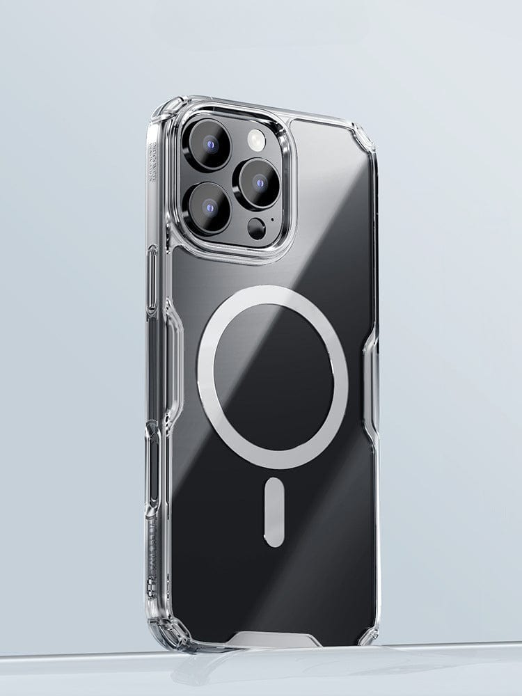 A crystal-clear, shockproof MagSafe-compatible smartphone case fitted on a modern iPhone 16 Pro Max, showcasing a circular design on the back and accommodating multiple camera lenses.