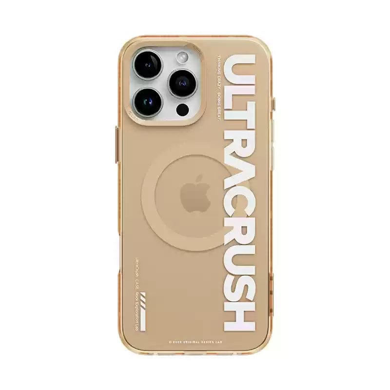 A gold iPhone with a triple camera setup is displayed in an UltraSleek Clear Case labeled "iPhone 16 Pro Max." The Apple logo is visible through the shockproof, 5-layer protection, which also supports magnetic wireless charging.