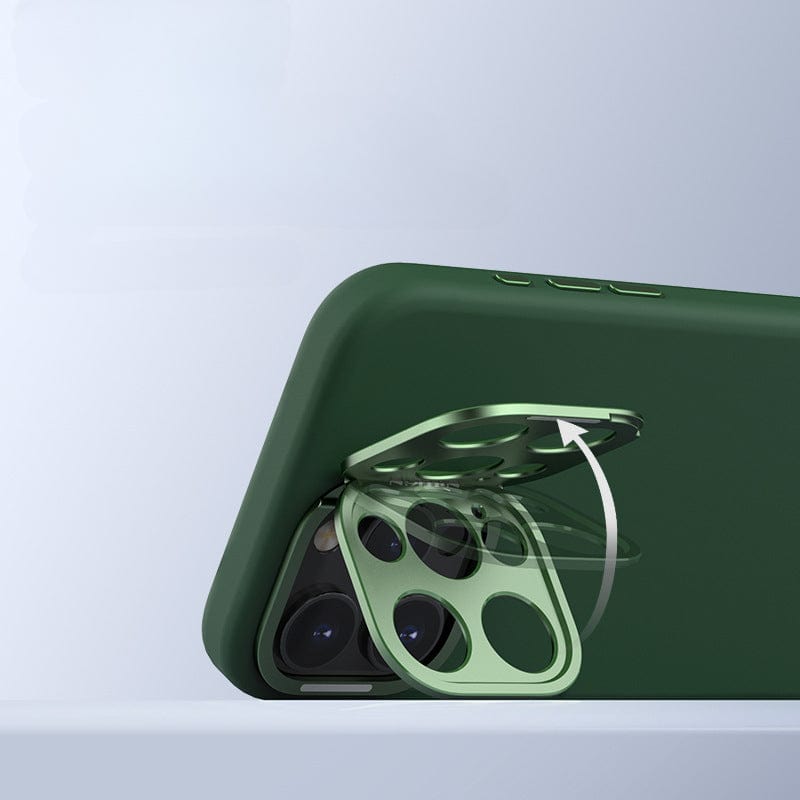 A green, eco-friendly liquid silicone MagSafe-compatible iPhone 16 Pro Max case with a partially open aluminum camera kickstand, revealing three camera lenses on the rear of the device.