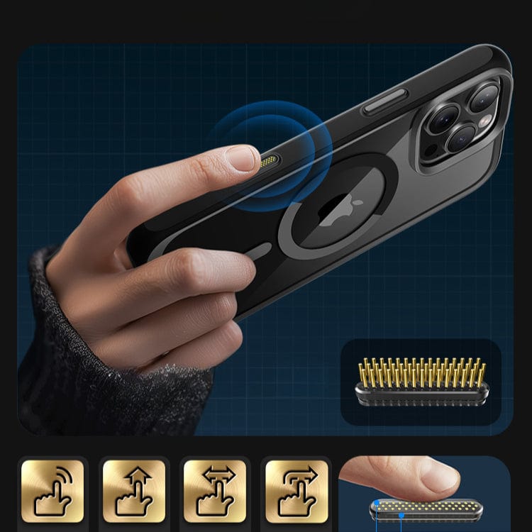 A hand holding a smartphone with a thumb pressing the Camera Control Button on the iPhone 16 Pro Max Magnetic Ring Stand Case. The phone's back features circular components and a small internal mechanism is shown below. Icons along the bottom illustrate various actions, while the Air Cushion Shockproof Design ensures full-body protection and durability.