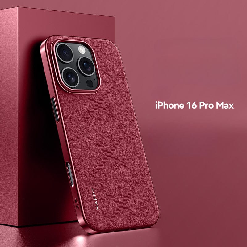 A red iPhone 16 Pro Max, adorned with a textured back cover, stands against a matching red box. The word "Happi" is printed on the side of the premium leather case, which offers superior camera protection, shockproof durability, and a sleek metal button finish.