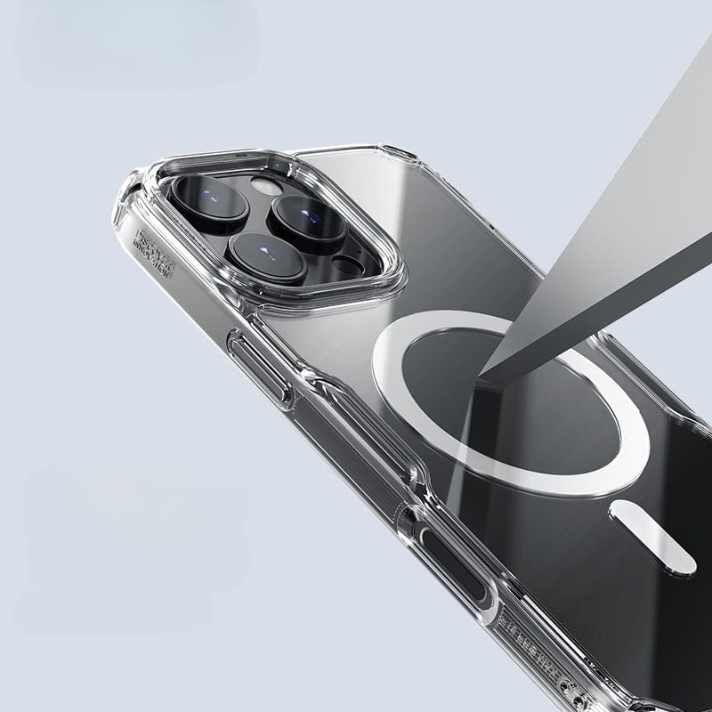 A sharp metal object scratching the Clear Magnetic iPhone 16 Pro Max Case, which showcases its crystal-clear design and scratch resistance, while also revealing the phone's camera lenses and MagSafe compatibility.
