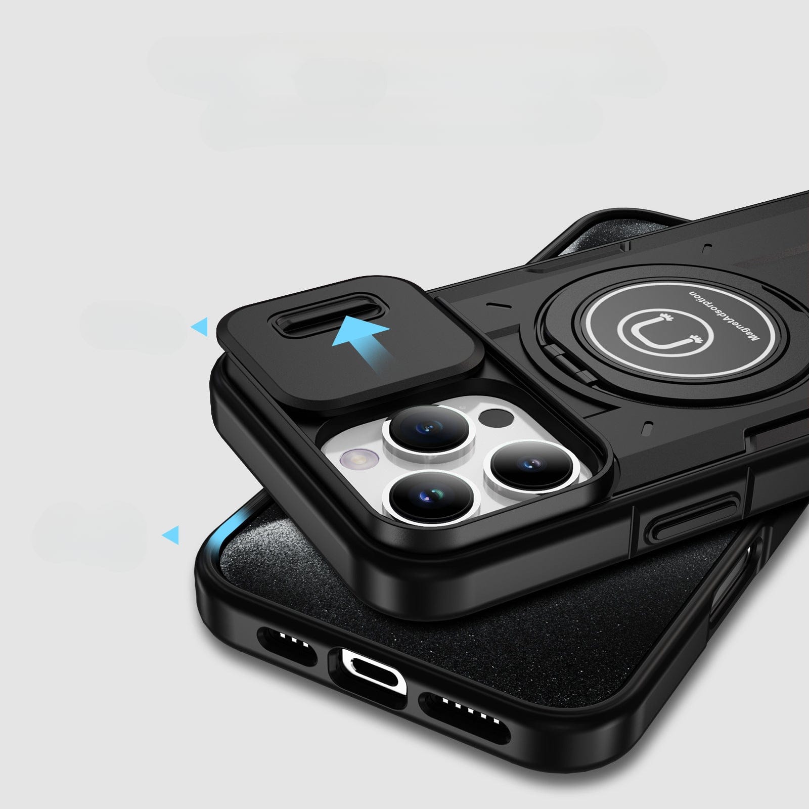 A sleek black iPhone 16 Pro Max Rugged Magnetic Case featuring a sliding camera cover and circular grip stand for ultimate drop protection, shown on a phone with three visible camera lenses.