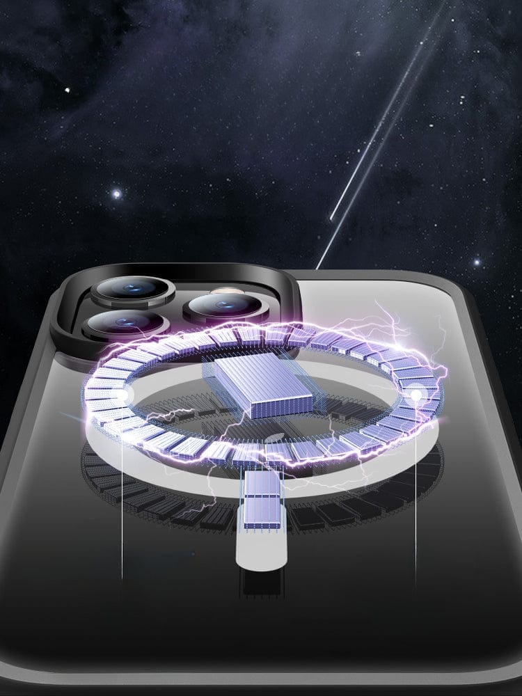 A smartphone with a glowing circular energy field and electrical sparks highlighting its camera module, set against a cosmic background, all encased in an iPhone 16 Pro Max Magnetic Ring Stand Case featuring Full Body Shockproof Protection with a Camera Control Button.