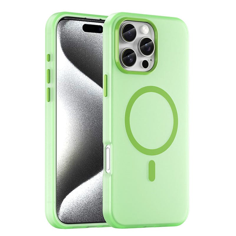 A smartphone with a green protective case. The iPhone 16 Pro Max Frosted Semi-Transparent MagSafe Case features a circular design on the back, openings for the camera, buttons, and screen, and offers full body shockproof protection with anti-fingerprint MagSafe compatibility.
