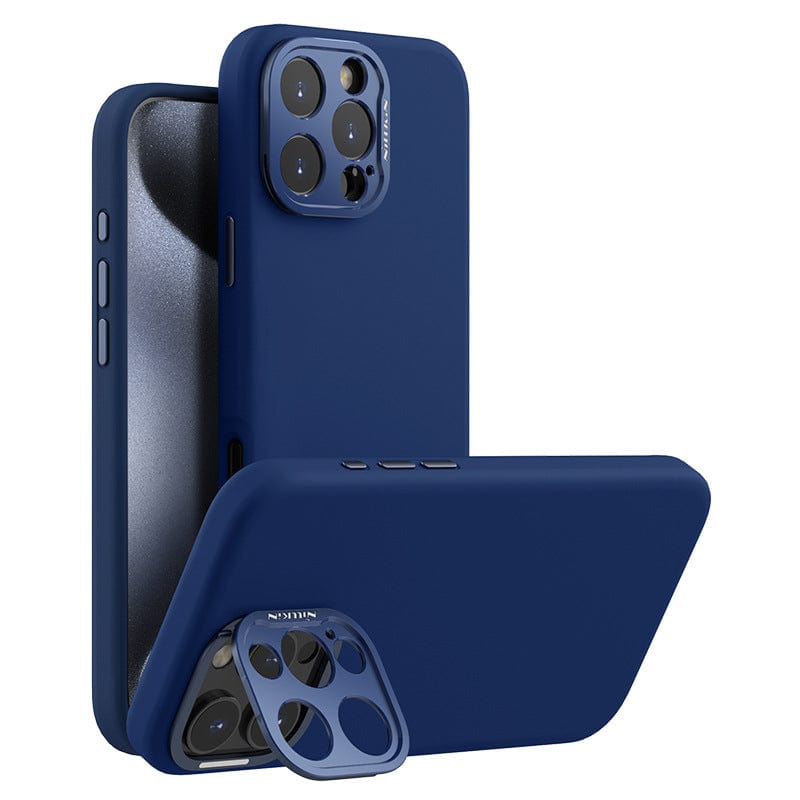 Two MagSafe-Compatible iPhone 16 Pro Max cases with Silicone Grip & Aluminum Camera Kickstand are displayed: one standing upright showcasing the Premium Aluminum Camera Kickstand, and the other partially open revealing the phone's back.
