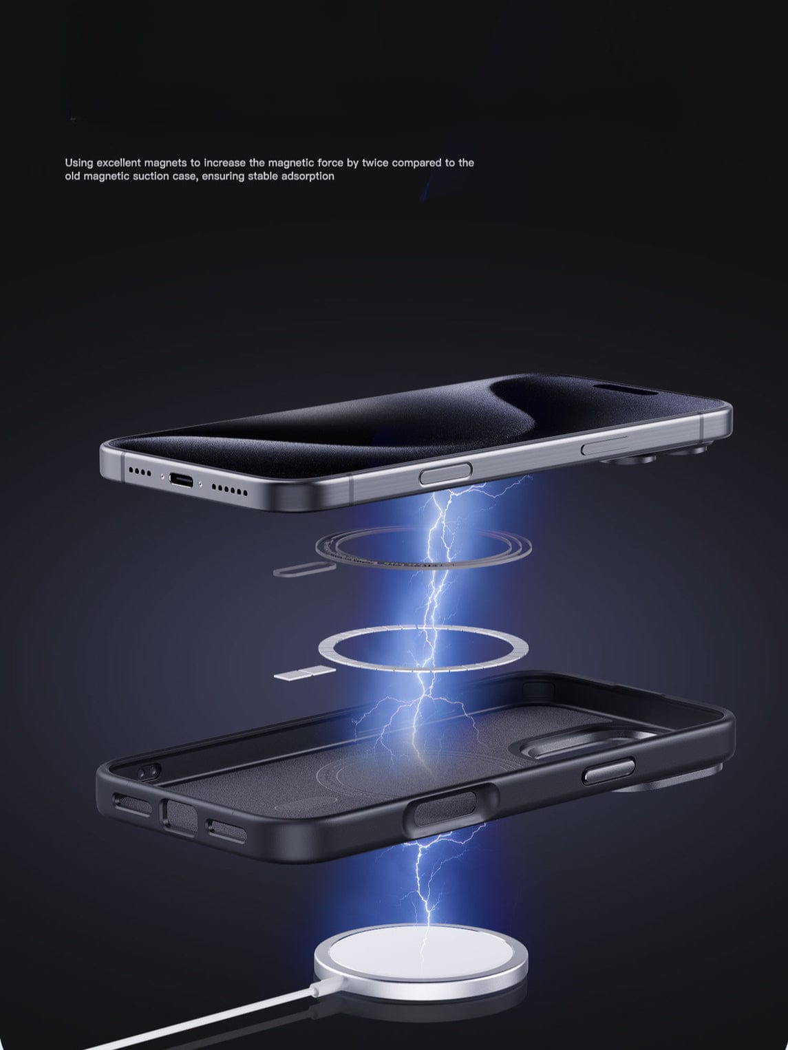 An iPhone 16 Pro Max Kevlar Fiber Case, the smartphone itself, and a charging pad are depicted, connected by visible magnetic and electrical fields. Descriptive text highlights the enhanced MagSafe compatibility with its 38-magnet system and stable adsorption.
