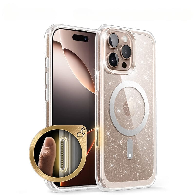 An iPhone 16 Pro Max Magnetic Ring Stand Case in Clear Glitter featuring a starry, transparent design with a circular MagSafe pattern and full body shockproof protection. A close-up inset shows the side button for fingerprint scanning and camera control.