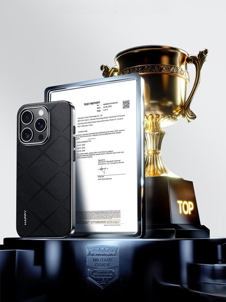 An iPhone 16 Pro Max encased in a premium leather case with a shockproof design and metal button finish, along with a test report, is displayed next to a golden "TOP" trophy on a black pedestal featuring a "Military Grade" emblem.