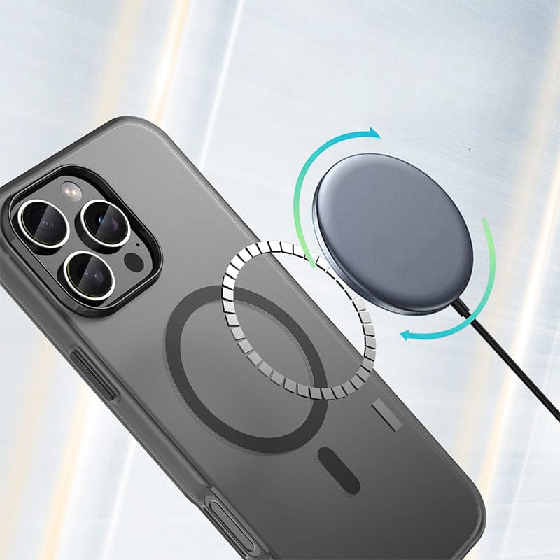 An iPhone 16 Pro Max with a Frosted Semi-Transparent MagSafe Case, featuring anti-fingerprint and shockproof protection, is shown alongside a wireless charger, demonstrating the charging alignment and full-body protection.