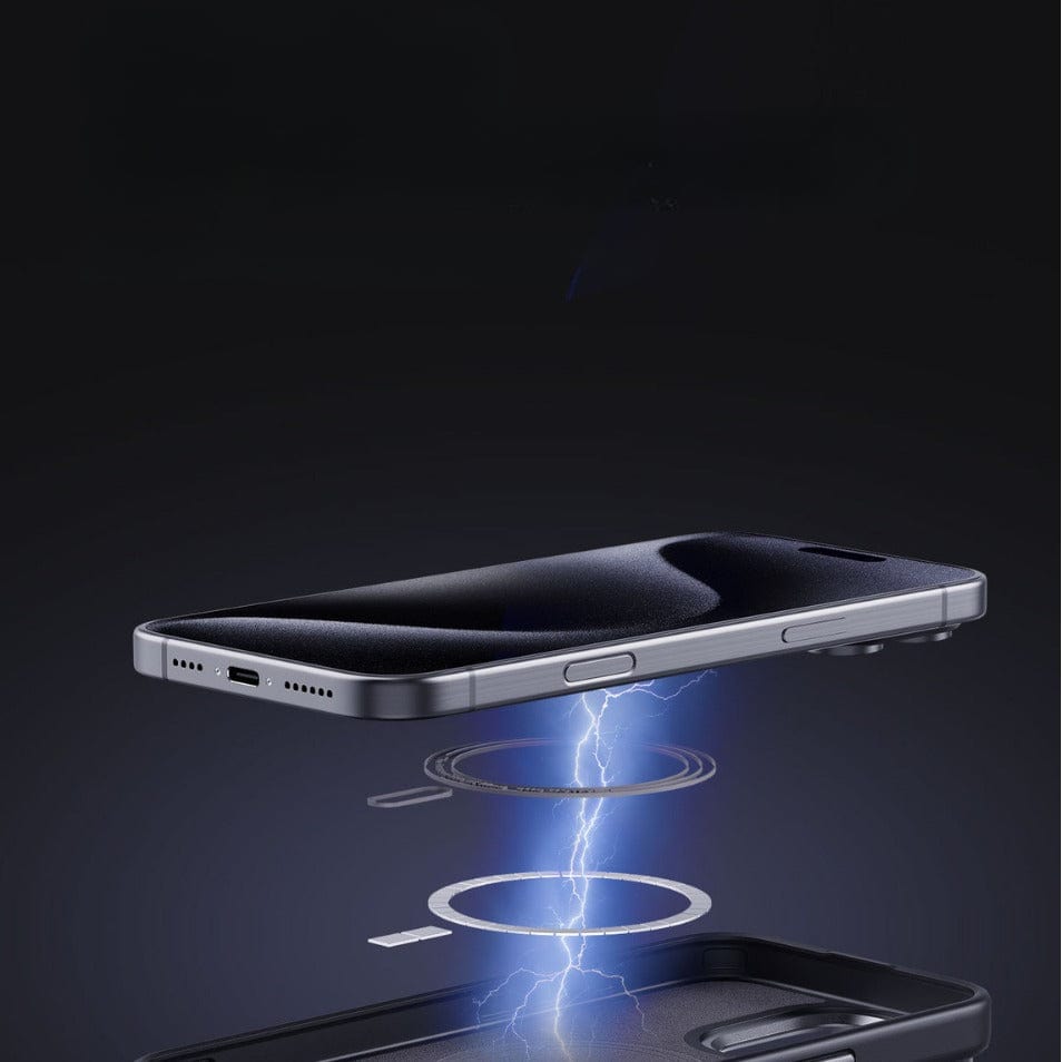 An iPhone, protected by an Ultra-Slim iPhone 16 Pro Max Kevlar Fiber Case with Premium Camera Protection, is shown wirelessly charging on a MagSafe-compatible pad. A visual effect showcasing the flow of electricity between them stands out against a dark background.