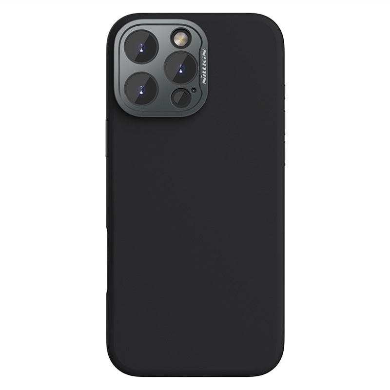 Black smartphone with a triple-lens camera system on the back. The device has a matte finish and comes with the MagSafe-Compatible iPhone 16 Pro Max Case, featuring an eco-friendly liquid silicone grip coating and an aluminum camera kickstand, which supports MagSafe wireless charging.