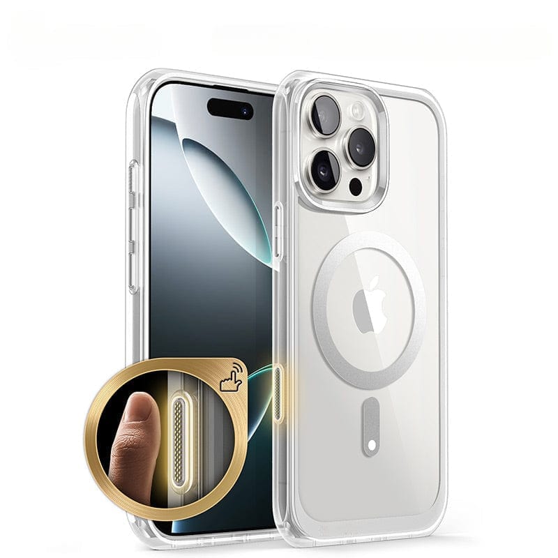 Clear iPhone 16 Pro Max Magnetic Ring Stand Case showcasing both the front and back of a smartphone with three cameras. An inset highlights a close-up of a finger using the camera control button. Features full body shockproof protection with Air Cushion technology and includes a magnetic ring kickstand for added convenience.