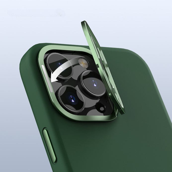 Close-up of a green MagSafe-Compatible iPhone 16 Pro Max Case with an eco-friendly silicone grip and aluminum camera kickstand partially opened, revealing the camera lenses.