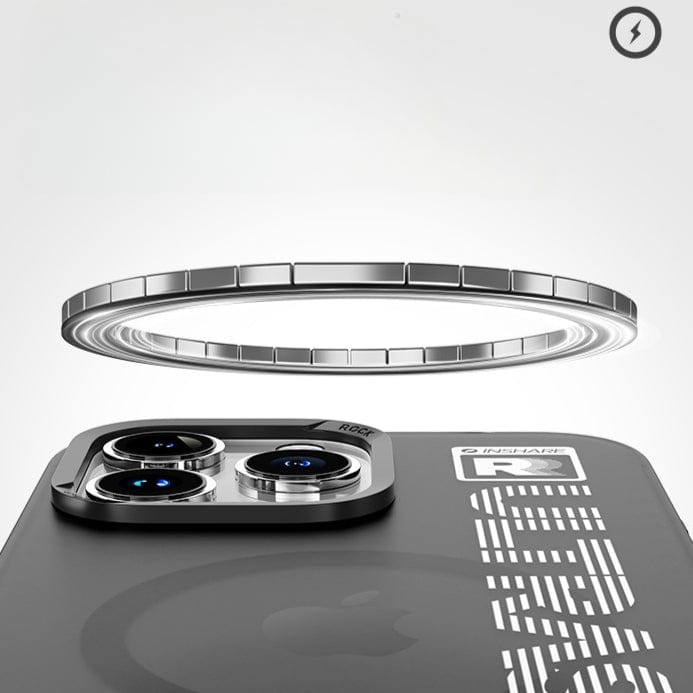 Close-up of a smartphone with three camera lenses and a raised metallic ring above it, indicating a magnetic component. The iPhone 16 Pro Max UltraSleek Clear Case provides shockproof 5-layer protection and supports magnetic wireless charging.