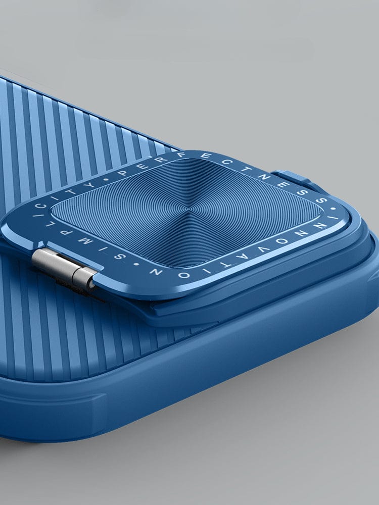 Close-up of the Shockproof Slim Fit iPhone 16 Pro Max Case with MagSafe, showcasing its blue color, ribbed texture, dual-layer shockproof protection, and anti-slip grip. The protective camera cover prominently features the words "Perfection," "Innovation," and "Simplicity".