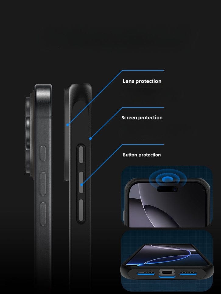 Close-up of the iPhone 16 Pro Max Magnetic Ring Stand Case displaying its comprehensive lens, screen, and button protection features. Insets reveal detailed views that emphasize the Air Cushion Shockproof Design and the Magnetic Ring Kickstand, enhancing functionality with a built-in Camera Control Button.
