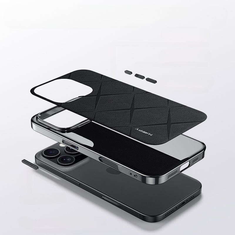 Exploded view of a smartphone showing its various components, including the screen, iPhone 16 Pro Max Premium Leather Case with shockproof design and metal button finish, inner electronics, and camera lenses with superior protection against a plain background.