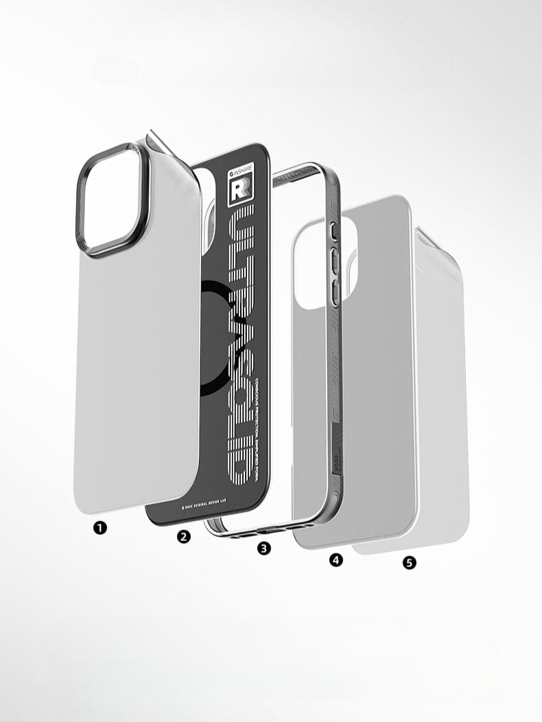Exploded view of the iPhone 16 Pro Max UltraSleek Clear Case, demonstrating its individual components: outer shell, inner frame, and lining, numbered 1 to 4 from the outer to innermost layer. Engineered with shockproof 5-layer protection for enhanced durability and compatibility with magnetic wireless charging.