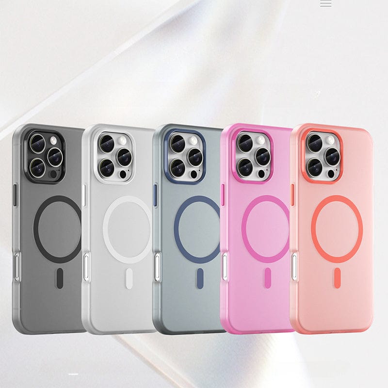 Five iPhone 16 Pro Max Frosted Semi-Transparent MagSafe Cases in gray, white, blue, pink, and peach are lined up side by side on a light background. Each case features a circular design on the back for MagSafe compatibility and offers anti-fingerprint shockproof protection while adding a stylish touch.