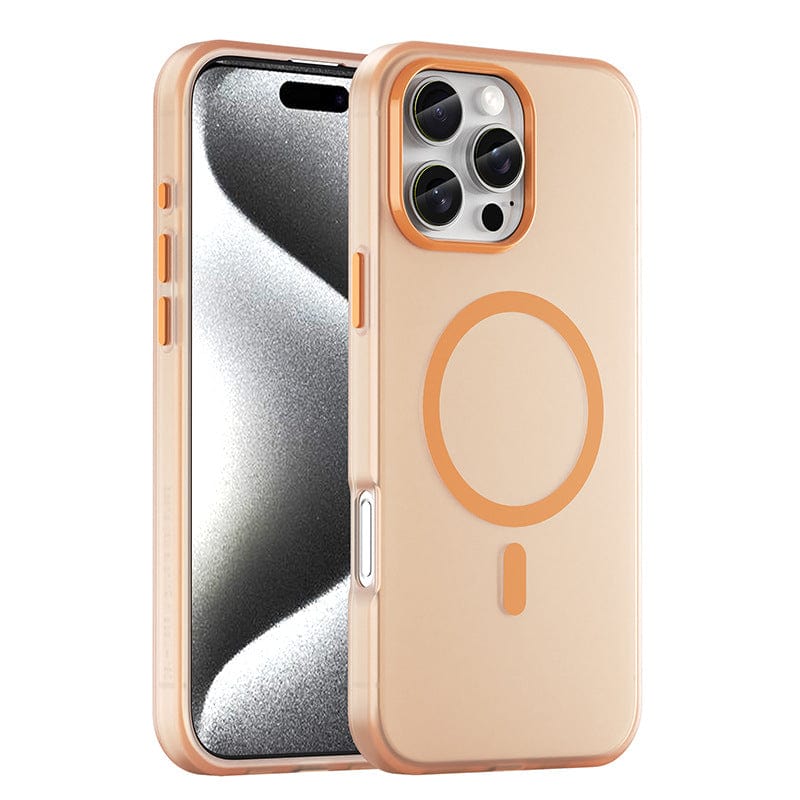Image of the iPhone 16 Pro Max Frosted Semi-Transparent MagSafe Case in beige. The phone, featuring a triple-lens rear camera system, is displayed from both front and back angles. This anti-fingerprint case offers shockproof protection and has a circular design on the back, likely for wireless charging or MagSafe compatibility.