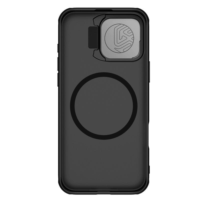 Introducing the Shockproof Slim Fit iPhone 16 Pro Max Case with MagSafe, featuring a sleek black finish, ring-shaped design in the center, built-in camera cover, anti-slip grip, and dual-layer shockproof protection.