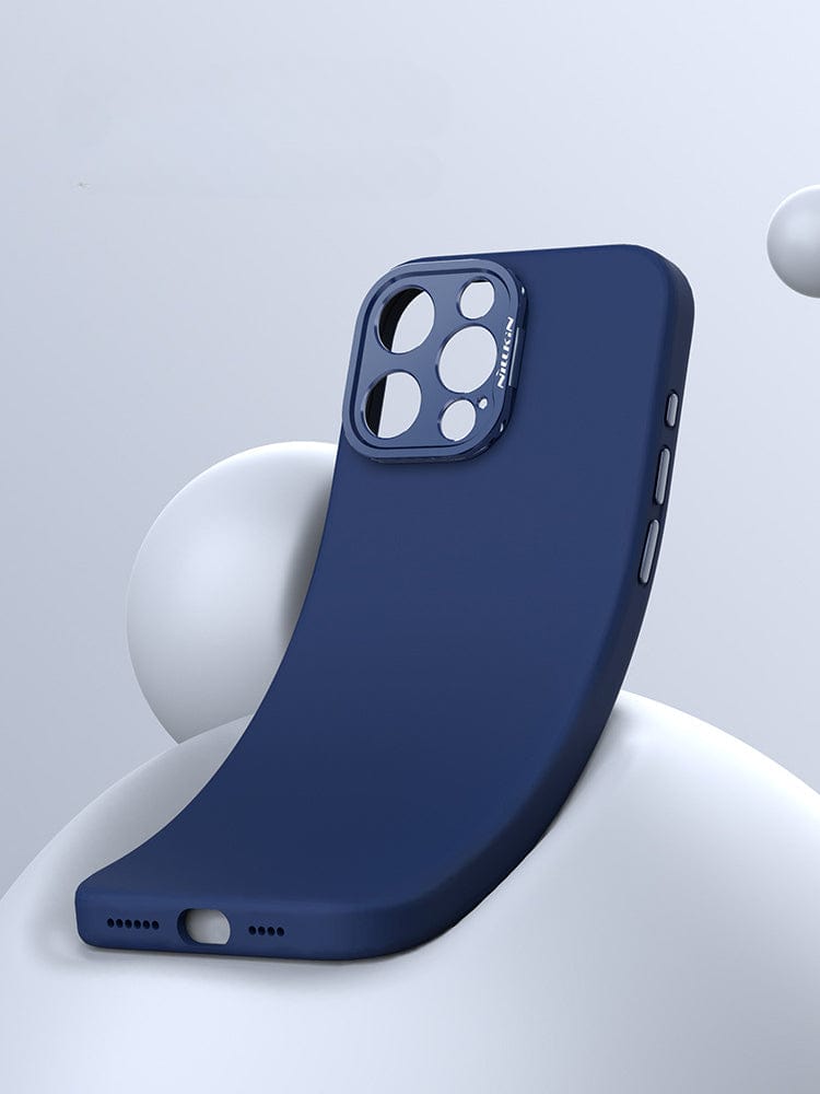 The MagSafe-Compatible iPhone 16 Pro Max Case with Silicone Grip & Aluminum Camera Kickstand, in blue eco-friendly liquid silicone with precise camera and button cutouts, is displayed against a light grey background. It supports MagSafe wireless charging.