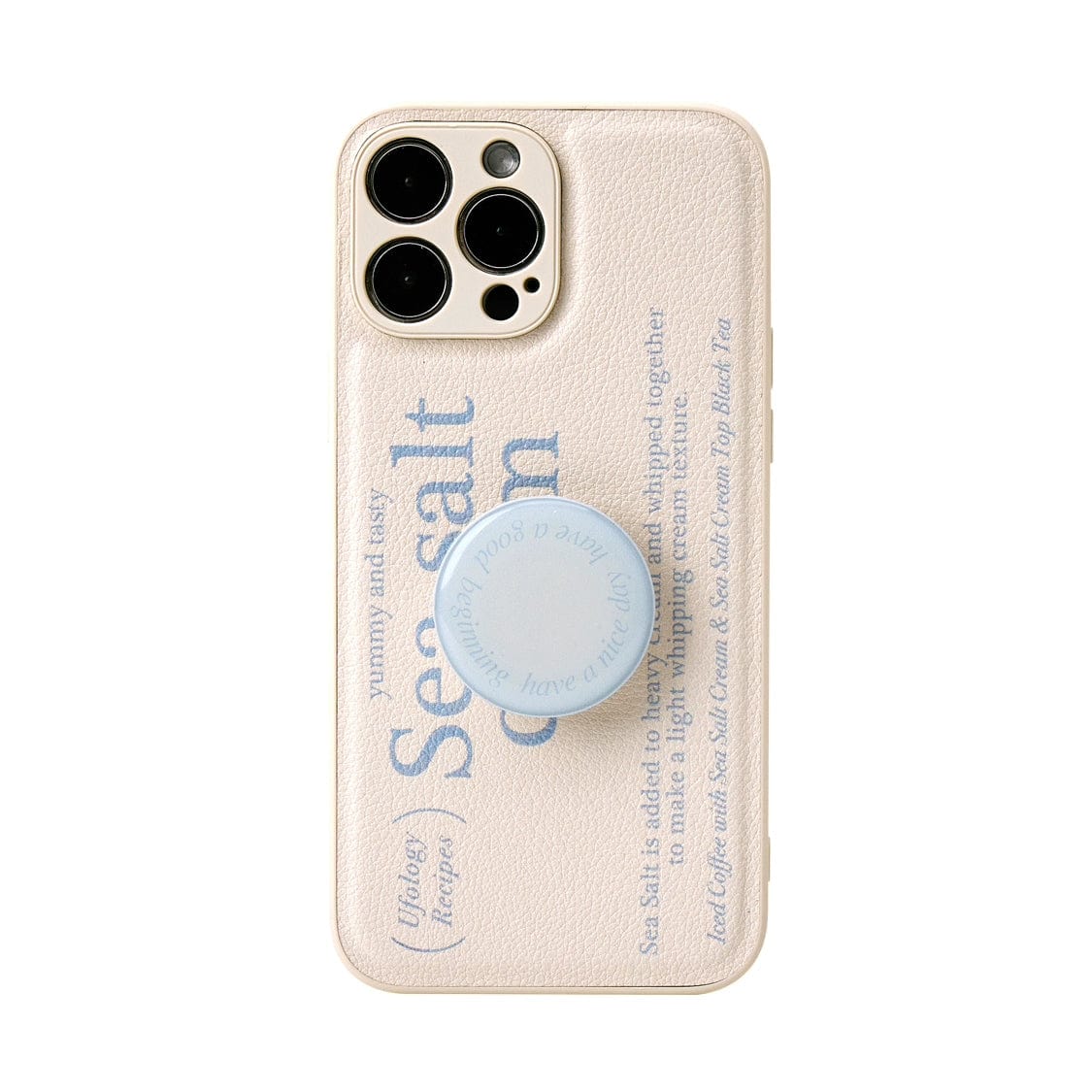 A Sea Salt Cream MagSafe iPhone 16 Pro Max Case, featuring a minimalist textured design and blue text that reads "Sea salt cream," covers a smartphone. The case includes a matching blue stand.