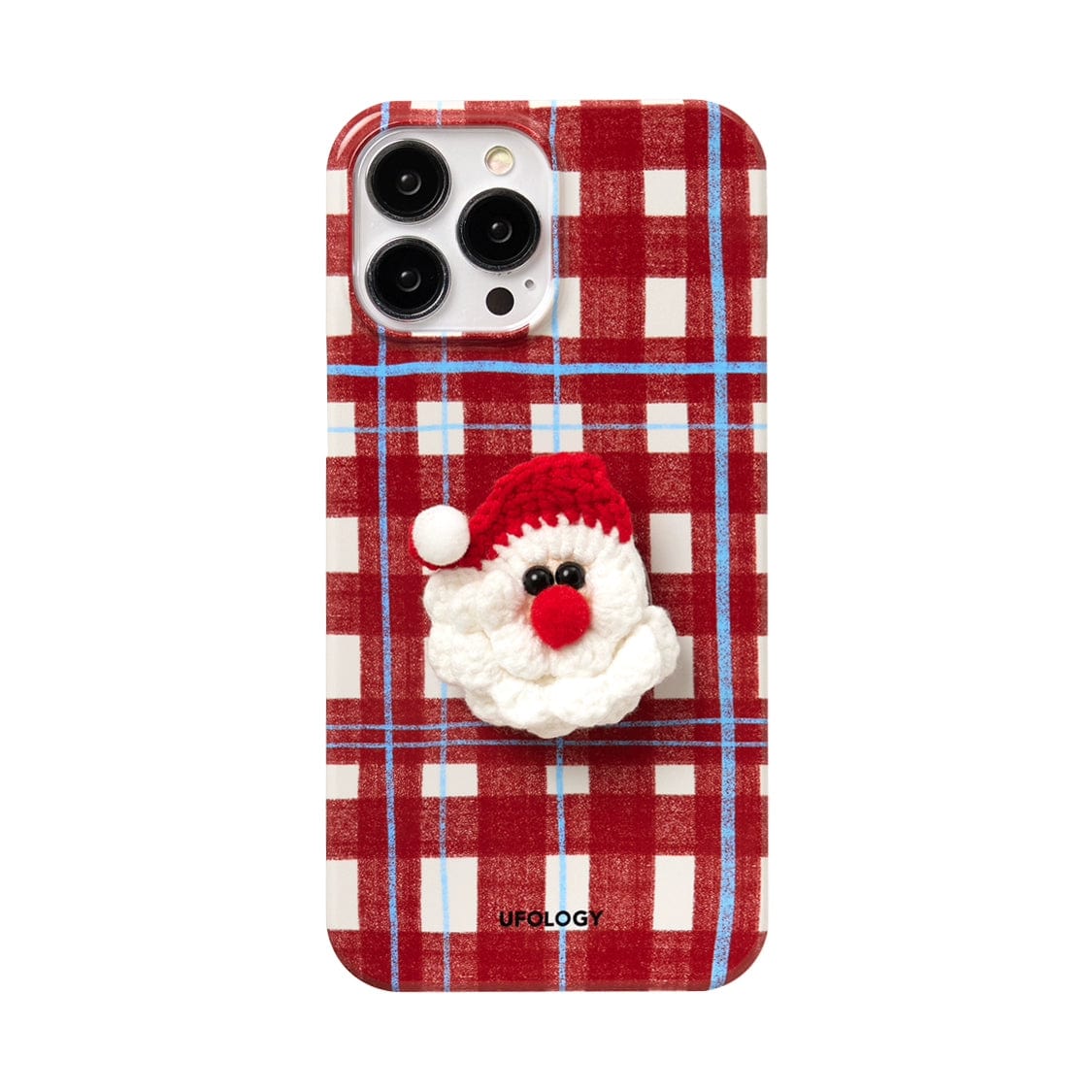 This Festive Knitted MagSafe iPhone 16 Pro Max case features a red and white checkered pattern accented with blue lines. The back showcases a delightful 3D knitted Santa Claus face, complete with a red hat and white beard. The unique design is perfected with the brand name "UFOLOGY" printed at the bottom.