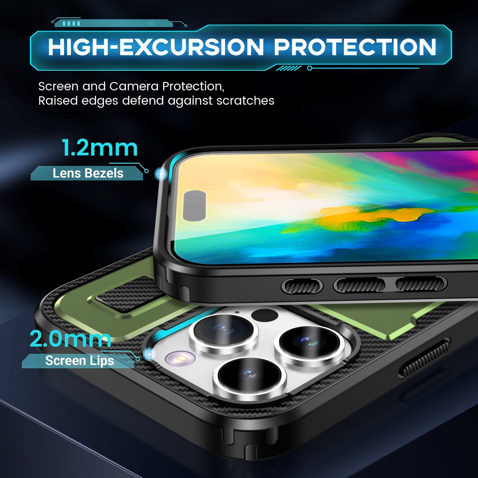 Close-up of the Heavy-Duty iPhone 16 Pro Max Case reveals its robust protective design, featuring 1.2mm lens bezels and 2.0mm screen lips. Text reads "High-Excursion Protection," emphasizing the raised edges designed to prevent scratches. The case also includes a 360° rotating ring holder and is MagSafe compatible, highlighted by rugged carbon fiber accents for added durability.