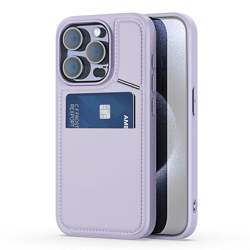 Smartphone in a full-coverage leather business iPhone 16 Pro Max case with MagSafe, a rotating stand, and a credit card holder on the back. The phone's screen is partially visible on the right side.