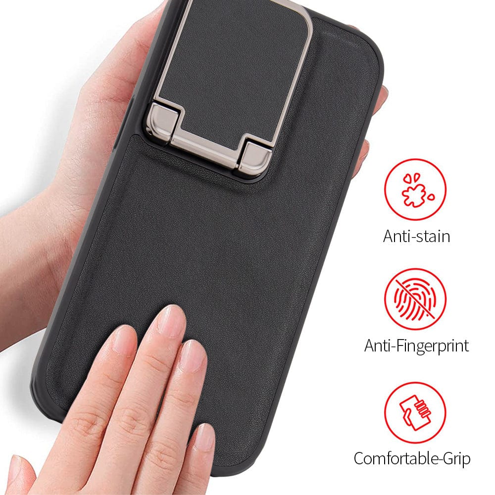 Close-up of a person holding the iPhone 16 Pro Max Leather Case with Metal Kickstand. The image highlights the shockproof cover's anti-stain, anti-fingerprint, and comfortable grip features as well as its built-in camera shield.