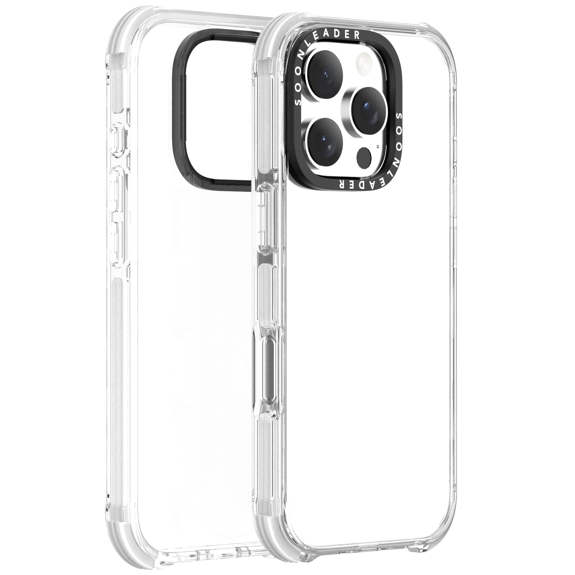 Two iPhone 16 Pro Max Clear MagSafe Cases are displayed side-by-side. The case on the left is angled to show the back view, while the one on the right highlights the camera cutout and side buttons. Both cases offer military-grade drop protection and feature anti-yellowing technology for lasting clarity.