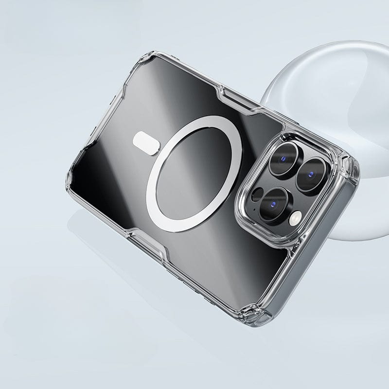 The Clear Magnetic iPhone 16 Pro Max Case, which is shockproof, MagSafe compatible, and boasts a crystal-clear design with a circular motif on the back, envelops the smartphone displayed against a light blue background. The phone features multiple rear camera lenses.