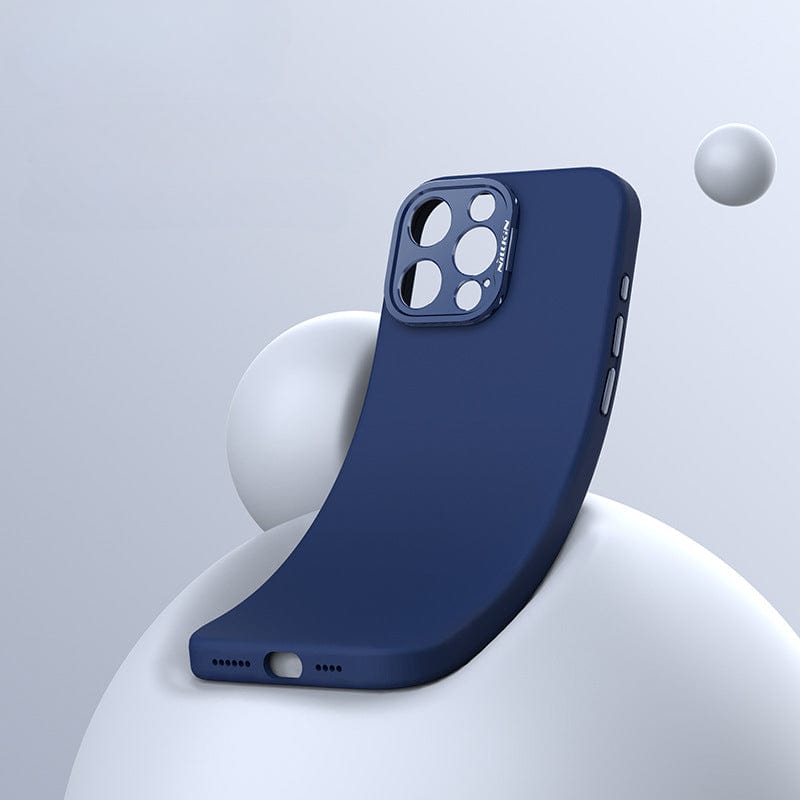 The MagSafe-Compatible iPhone 16 Pro Max Case with Silicone Grip & Aluminum Camera Kickstand, in dark blue, is displayed standing upright on a white spherical surface against a light background. Crafted from eco-friendly liquid silicone, it supports seamless MagSafe wireless charging.