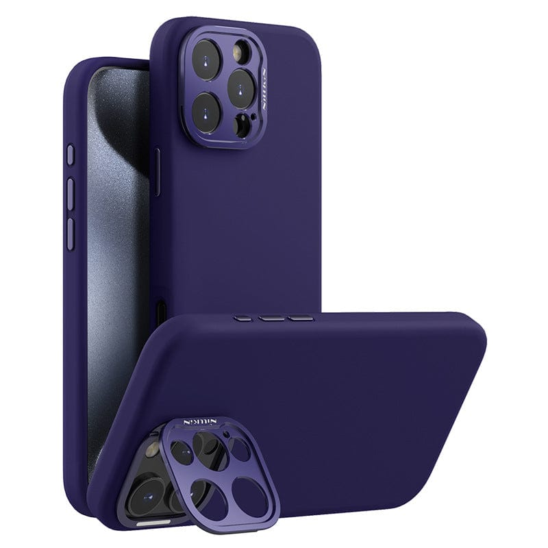 The MagSafe-Compatible iPhone 16 Pro Max Case with Silicone Grip & Aluminum Camera Kickstand in purple, featuring a matching aluminum camera kickstand and MagSafe wireless charging compatibility, is displayed from various angles.