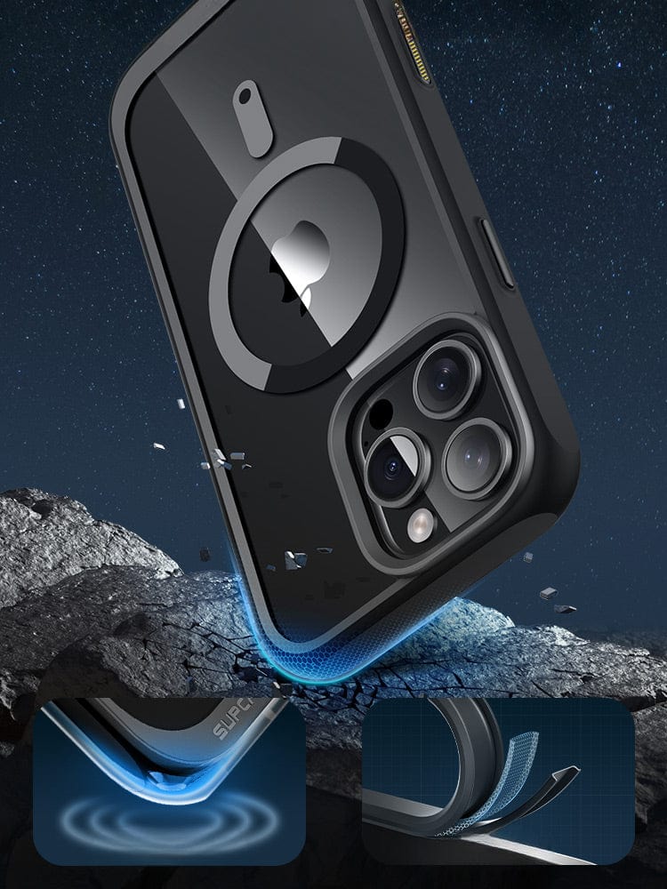 The iPhone 16 Pro Max Magnetic Ring Stand Case, featuring full body shockproof protection and a camera control button, is showcased in a dramatic landscape. Its built-in Magnetic Ring Kickstand and exceptional durability are highlighted through an illustrative graphic, emphasizing its Air Cushion Shockproof Design.