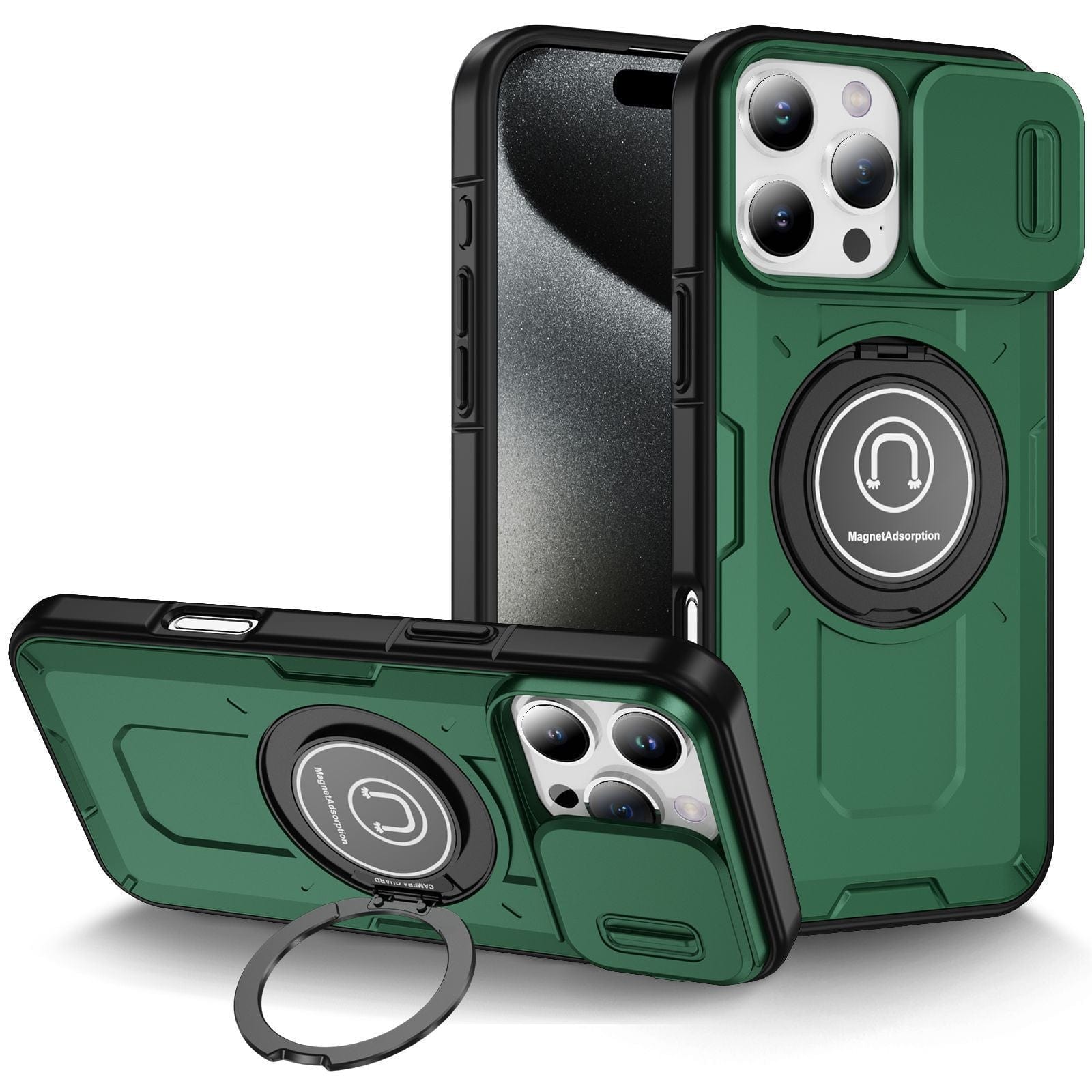The iPhone 16 Pro Max Rugged Magnetic Case offers drop protection and enhanced functionality with its MagSafe compatibility, ring stand, and sliding camera cover. This shockproof case provides added security for your device.