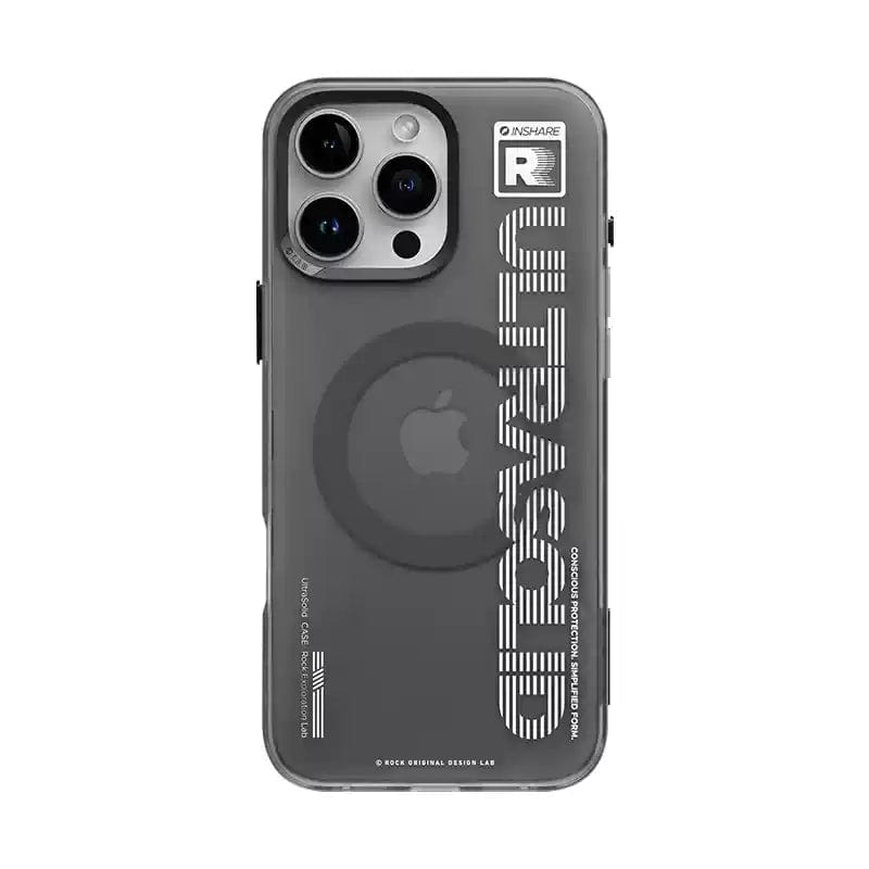 The iPhone 16 Pro Max UltraSleek Clear Case in grey features a clear design with bold "ULTRASP 13" text on the back, customized camera cutouts, shockproof 5-layer protection, and a visible Apple logo. Plus, it's optimized for fast magnetic wireless charging.