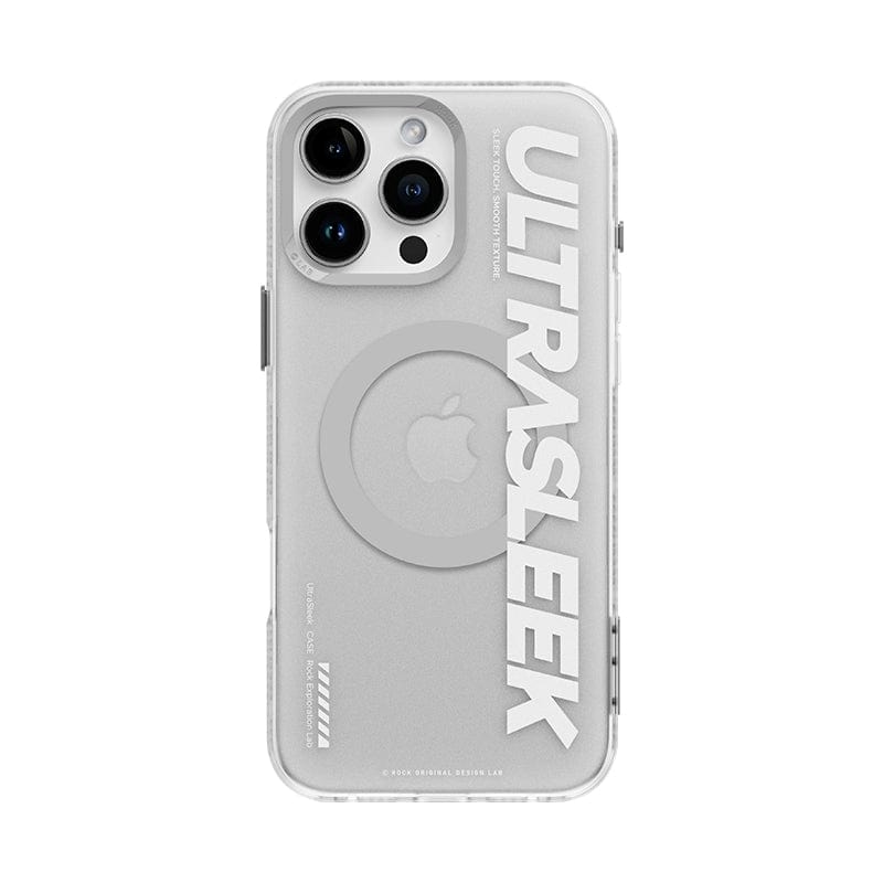 The iPhone 16 Pro Max protected by the UltraSleek Clear Case in white prominently displays "ULTRASLEEK" vertically. The phone is equipped with three camera lenses and a fingerprint mark on the back, while offering features such as fast magnetic wireless charging and robust, shockproof 5-layer protection for enhanced durability.