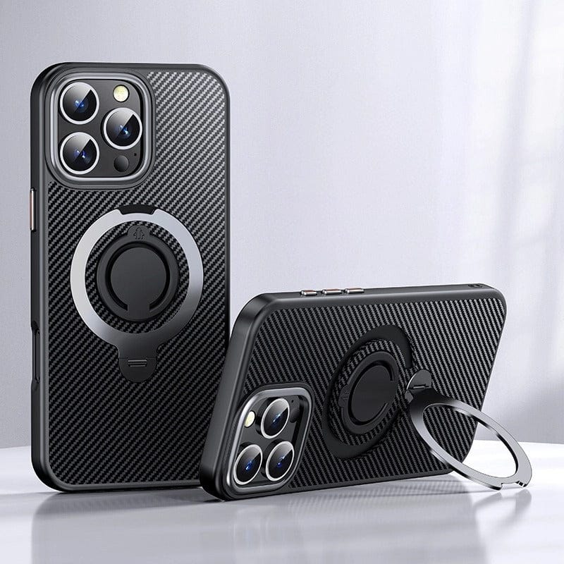 Two iPhone 16 Pro Max Military-Grade Cases with a carbon fiber finish and a circular, 360° rotating kickstand on the back are displayed. One stands upright while the other lies on its back with the kickstand extended. Both shockproof protective covers feature MagSafe compatibility for easy attachment to your favorite accessories.