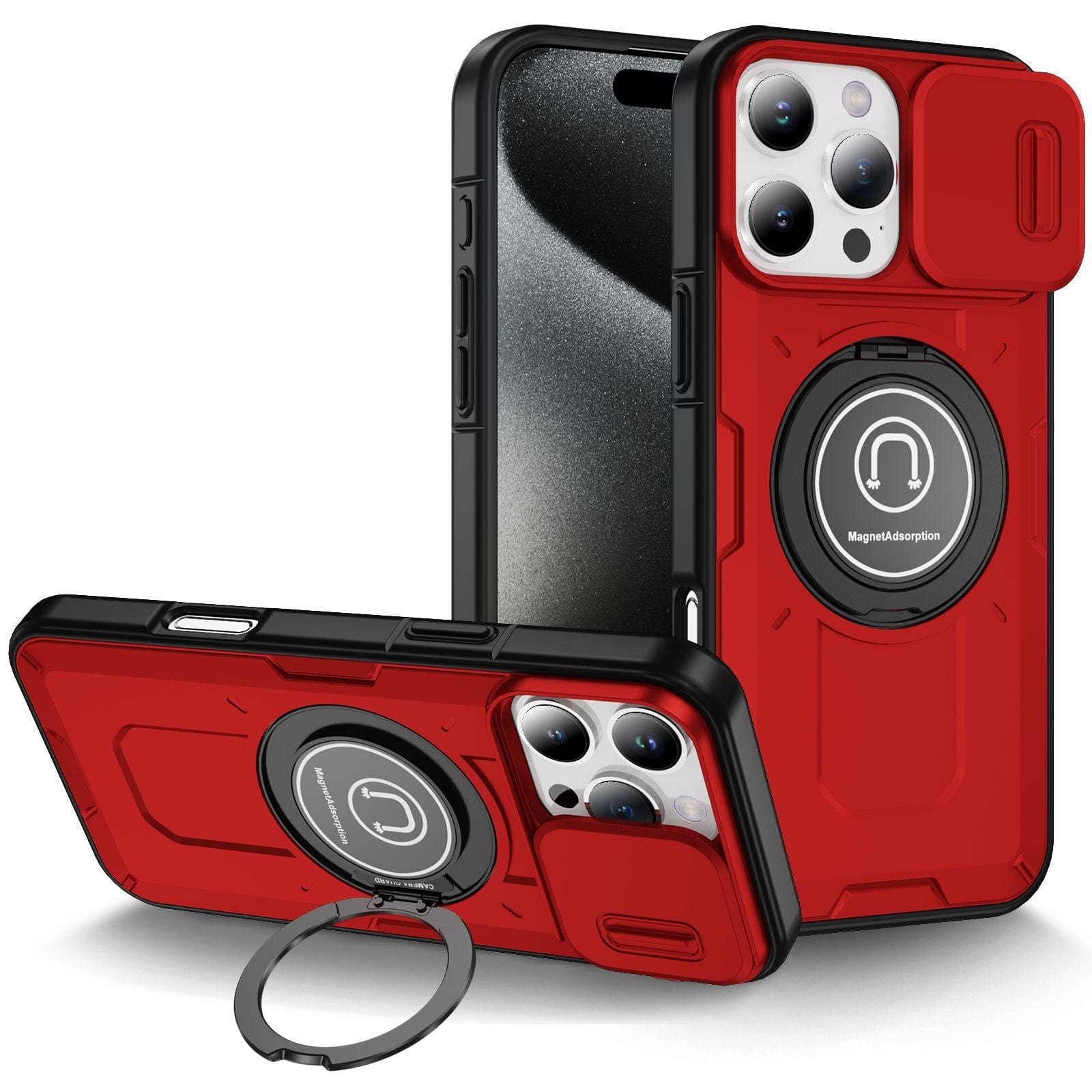Two iPhone 16 Pro Max Rugged Magnetic Cases with sliding camera covers and ring holders are displayed in red and black. One case is upright, showcasing both the front and back, while the other lies flat, revealing the sliding camera cover and logo. Both cases provide excellent drop protection for your device.