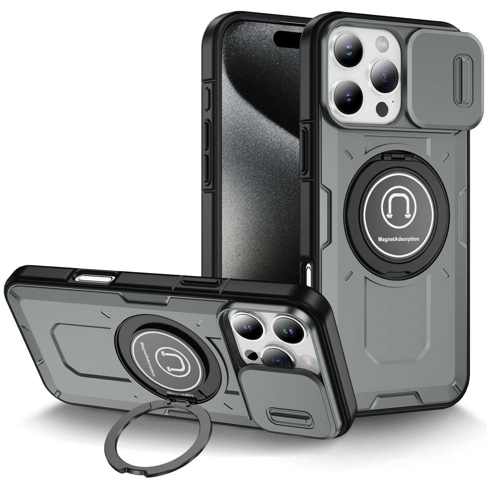 Two iPhone 16 Pro Max smartphones are displayed in rugged protective cases featuring a ring holder on the back. One phone stands upright while the other lies flat, showcasing both the front and back views of the case. These iPhone 16 Pro Max Rugged Magnetic Cases come with a sliding camera cover, shockproof drop protection, and magnetic mount compatibility for added convenience.