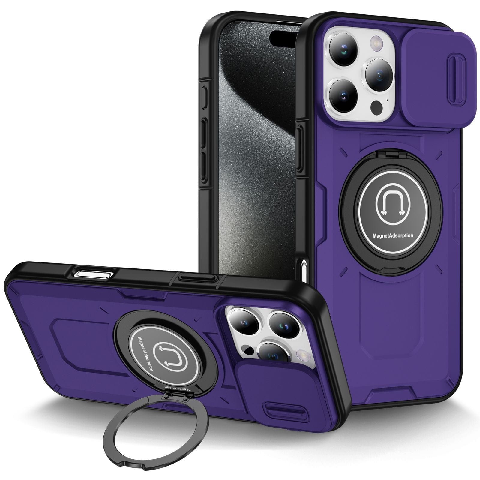 Two iPhones with rugged cases in purple, featuring a sliding camera cover and a MagSafe-compatible ring stand, lie displayed. One iPhone 16 Pro Max Rugged Magnetic Case is upright, showcasing the screen, while the other is lying down to reveal the magnetic mount compatibility on the case back.