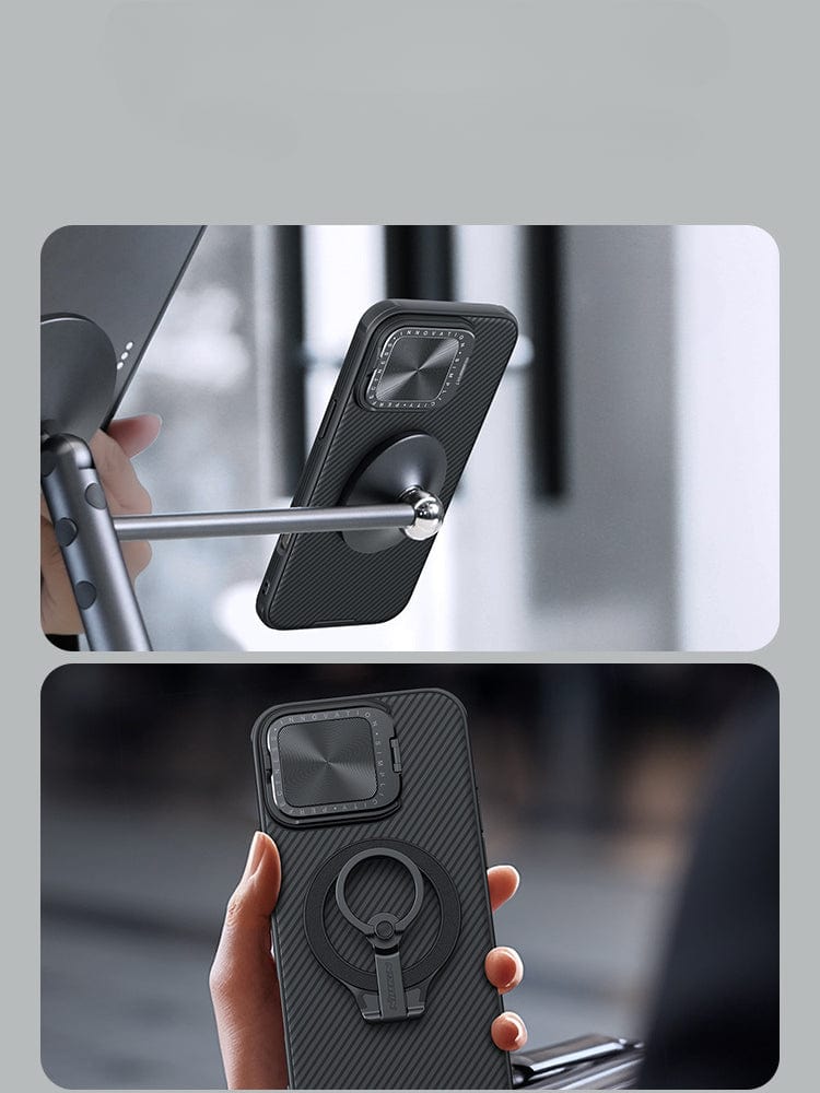 Two images of the Shockproof Slim Fit iPhone 16 Pro Max Case with MagSafe, Dual-Layer Protection & Camera Cover: the top image shows the case attached to a mount, highlighting its shockproof protection and ring holder, while the bottom image features a close-up of its ergonomic anti-slip grip held in a hand.